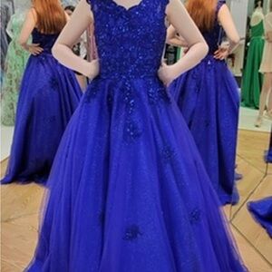 Royal Blue Sequin Ball Gown with Floral Appliques